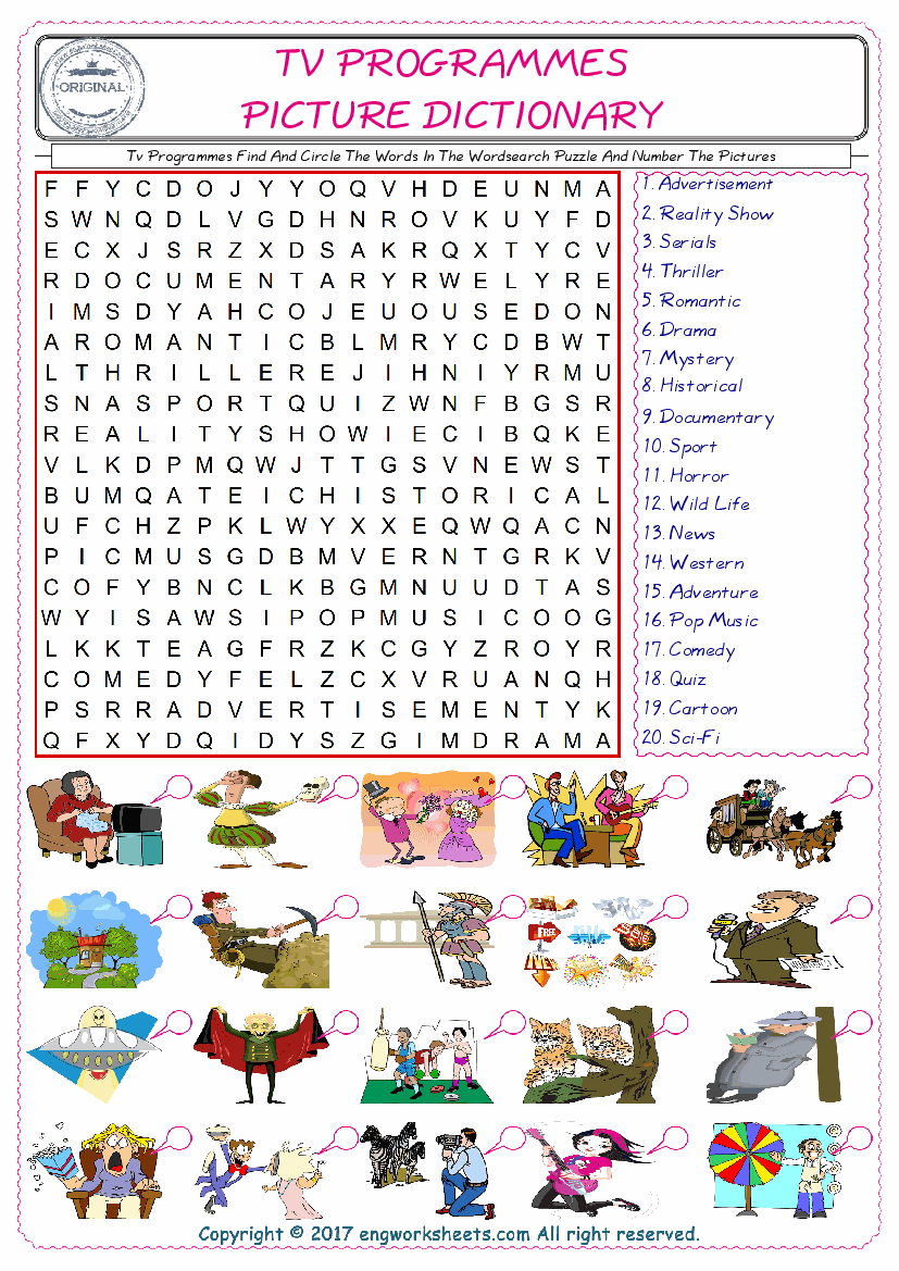  ESL wordsearch worksheets for kids, find Tv Programmes words in the word wordsearch write its number on its picture English worksheet. 